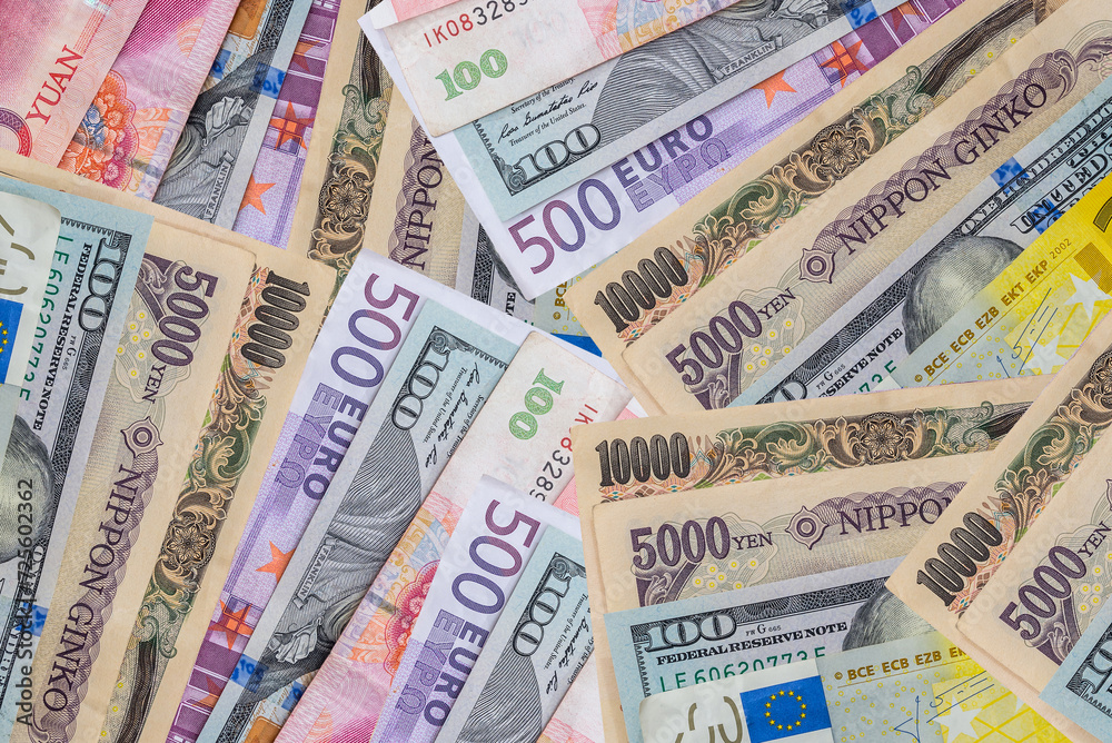 Japanese yen, US dollar, Chinese yuan, Euro. Financial concept. Japanese yen, US dollar, Chinese yuan, Euro. Financial concept.