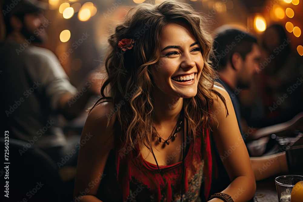 Radiant Joy: vibrant woman beams with delight as she enjoys a moment of serenity, sitting at a table in a bustling restaurant.