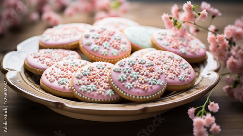 Soft pink gingerbread decor on wooden background