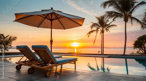 Beautiful luxury umbrella and chair around outdoor swimming pool in hotel and resort with coconut palm tree on sunset or sunrise sky © Ziyan Yang