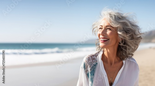 Smiling mature woman at the beach, natural lifestyle, enjoying the sunny weather © Danko