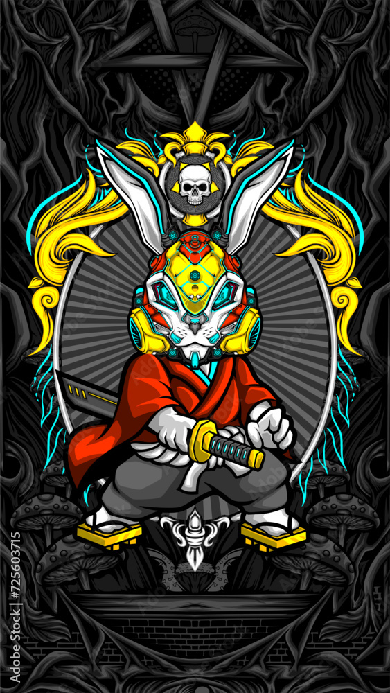 samurai rabbit cyberpunk vector illustration