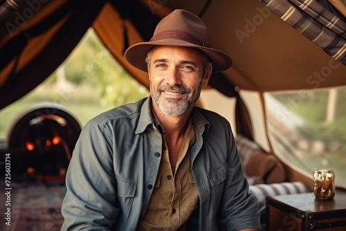 Portrait of a smiling mature man sitting in his camper van.