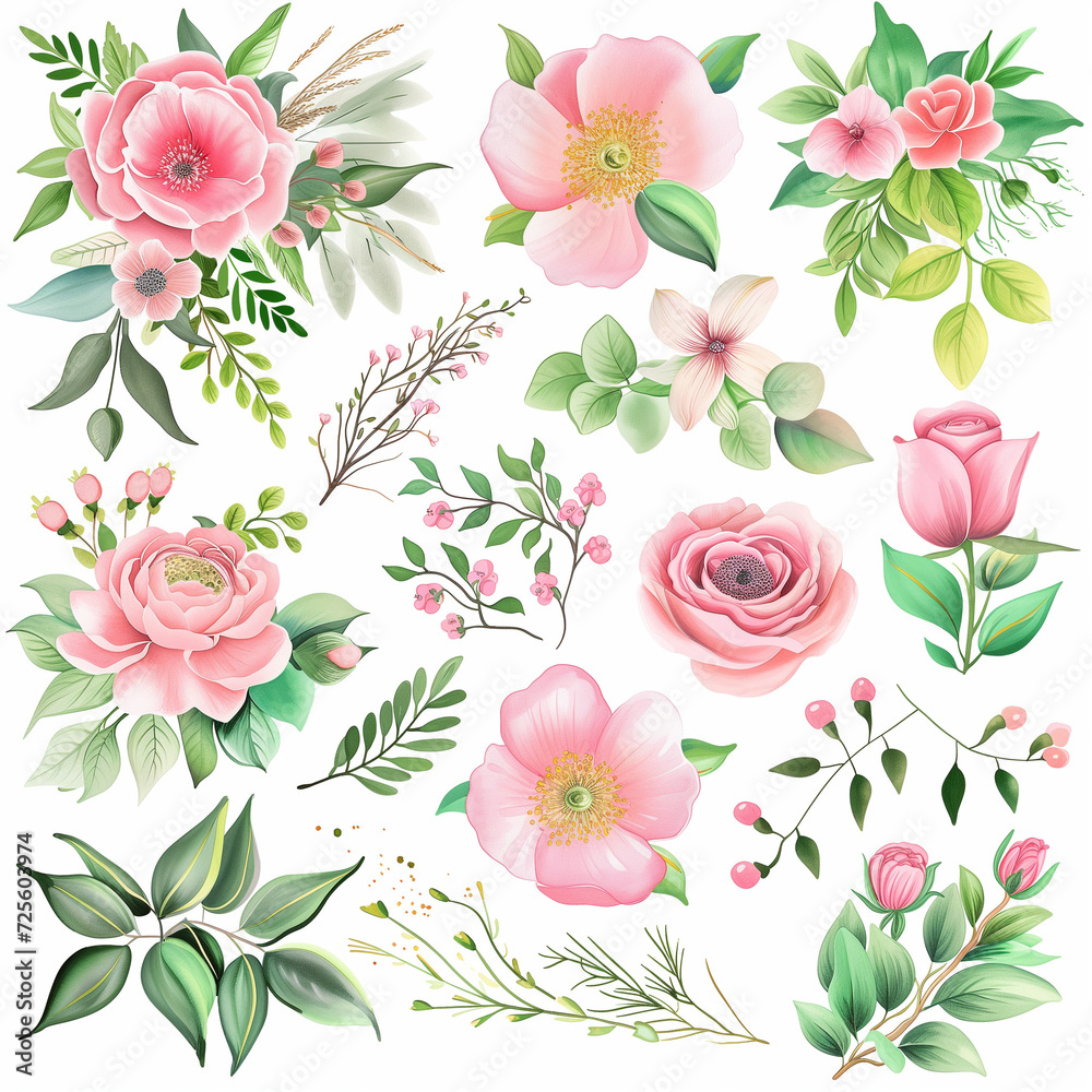  Watercolor floral illustration set - green & gold & pink leaf branches collection, for wedding stationary, greetings, wallpapers, fashion, background. Eucalyptus, olive, rose, green leaf.