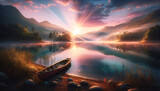 Hyper-realistic image of a serene lakeside at dawn, with sunlight illuminating calm waters and mountains, and a lone canoe on the shore. Mood: peaceful, rejuvenating. Generative AI.