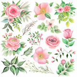  Watercolor floral illustration set - green & gold & pink leaf branches collection, for wedding stationary, greetings, wallpapers, fashion, background. Eucalyptus, olive, rose, green leaf.