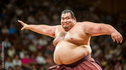 Agile japanese sumo wrestler in traditional fighting stance, ready for action in traditional attire photo