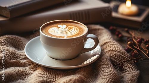 A book and a mug of coffee on the blanket in bed. Breakfast, reading, relax and vacation concept. photo