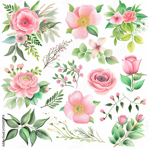  Watercolor floral illustration set - green & gold & pink leaf branches collection, for wedding stationary, greetings, wallpapers, fashion, background. Eucalyptus, olive, rose, green leaf.