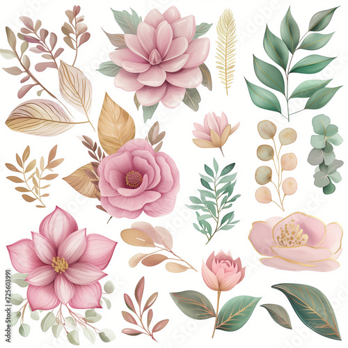 Watercolor floral illustration set - green & gold & pink leaf branches collection, for wedding stationary, greetings, wallpapers, fashion, background. Eucalyptus, olive, rose, green leaf.