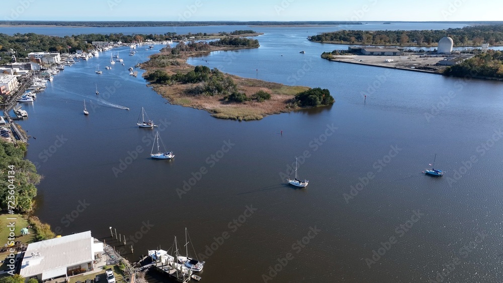 Sail Boats in harbor in Georgetown, South Carolina Low Country living and vacation destination with historic homes