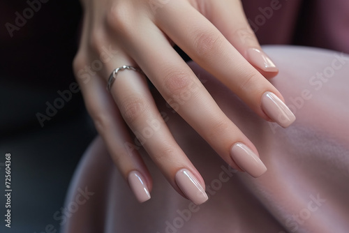 Woman hand with nude shades nail polish on her fingernails. Nude color nail manicure with gel polish at luxury beauty salon. Nail art and design. Female hand model. French manicure.