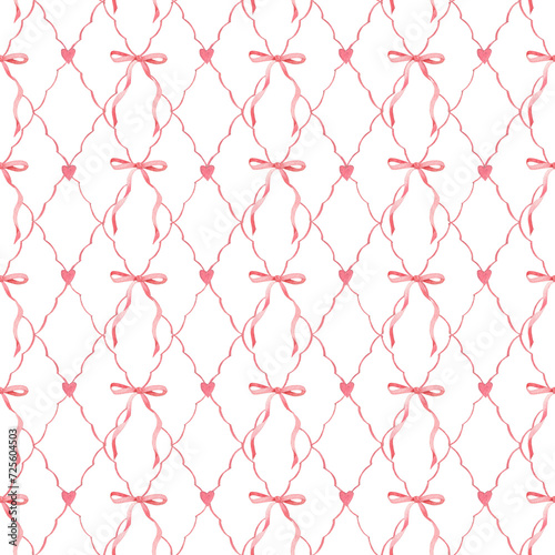 Obraz na płótnie Hand drawn watercolor pink bows and hearts