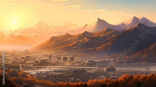 Panoramic view of the city and mountains at sunset. 3d render