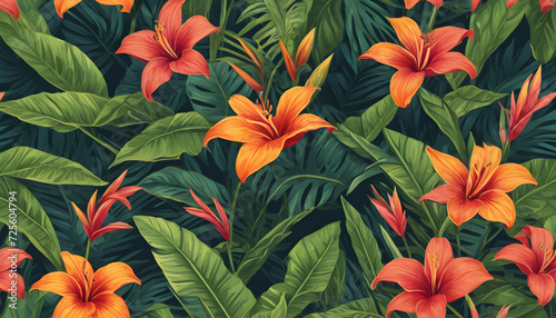 illustration of Vivid Tropical Flowers and Lush Green Foliage in a Dense Botanical Garden Setting backdrop