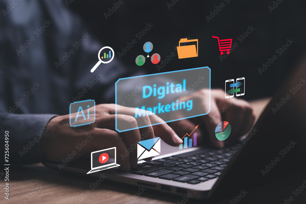 Digital marketing commerce online and AI technology engines for business concept, Businessman use the laptop plan digital marketing, digital channels search engines, social media, email, smartphone - obrazy, fototapety, plakaty 