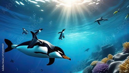 Cute cartoon penguins swimming in the deep blue ocean. Generative AI
