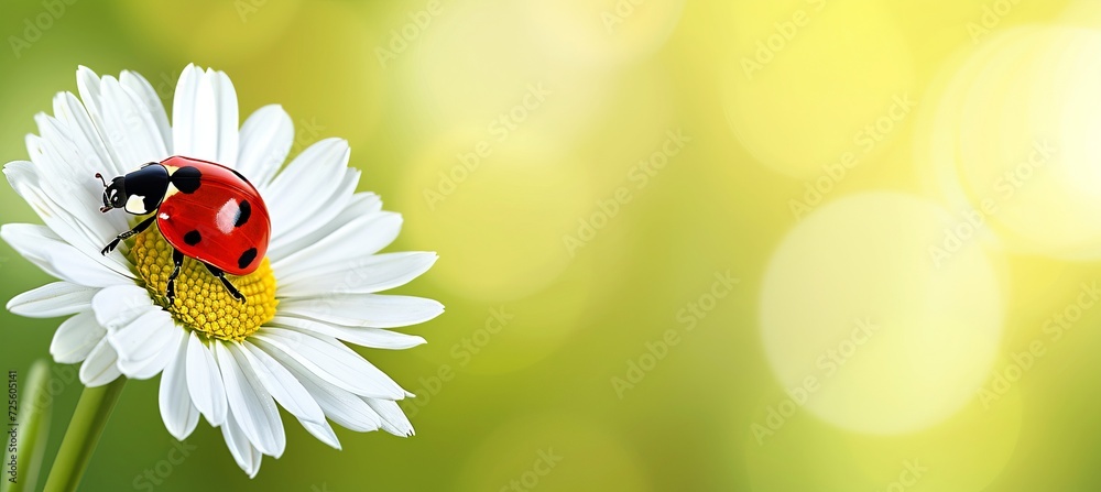 Ladybug on white flower, minimalistic spring background, abstract modern design, copy space for text