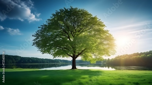 Big green tree with beautiful branches in the park. Green grass field near lake and watercycle. Lawn in garden on summer with sunlight. Sunshine to big tree on green grass land. Nature landscape. 
