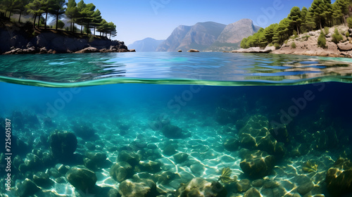 A clear water with mountains in the background,, Sunbeds and umbrellas on iztuzu beach turtle beach dalyan river mediterranean sea 