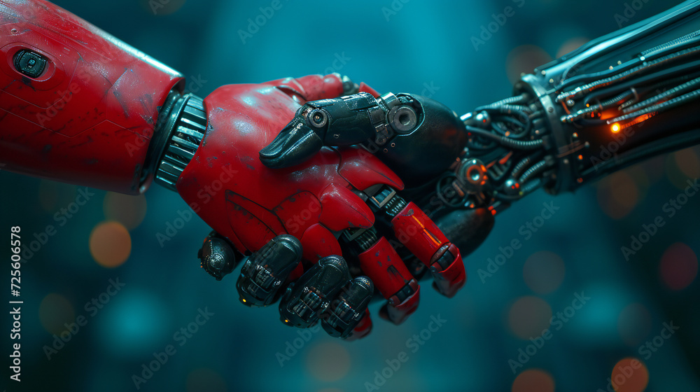 Two robotic hands, intricately designed, touch in a display of artificial intelligence unity