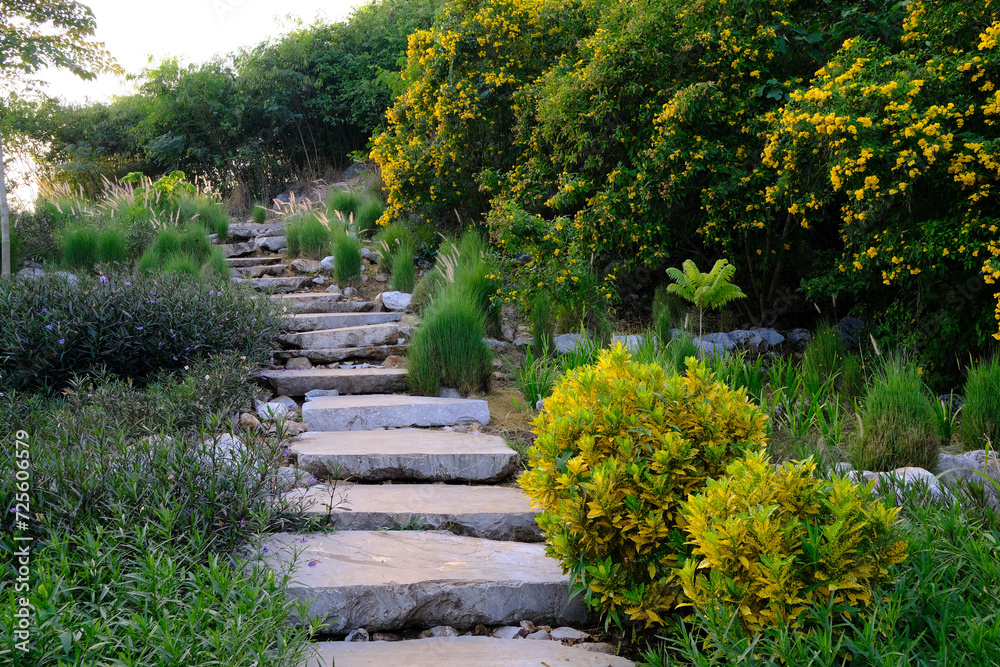 Garden landscape design with pathway surrounded by flower and plants.