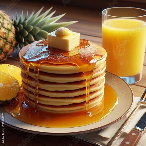 A delicious breakfast of fluffy pancakes, served with a glass of juice 