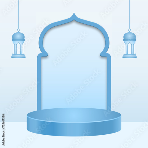 3D product display blue podium themed islamic with lantern, hanging star for ramadan and Eid Mubarak. Template for social media feed or post.