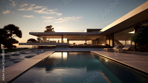 Swimming pool of modern luxury house. Panoramic view. © Michelle