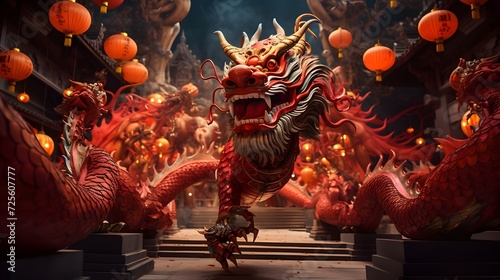 Chinese red paper lanterns and dragon statue in chinese new year festival