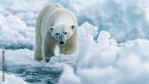 An emaciated polar bear desperately searches for food on melting ice floes due to climate change