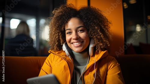 Portrait of happy young african american woman sitting on sofa wearing headphone. © meta