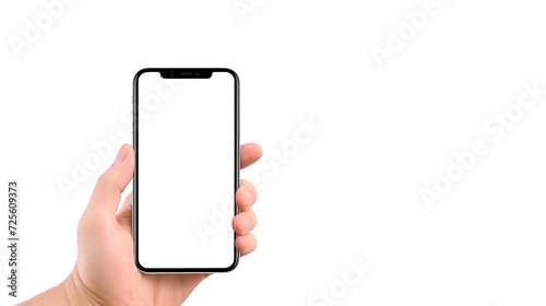 View fornt a hand holding smart phone with blank screen, isolated on transparent background. mock up smartphone.	