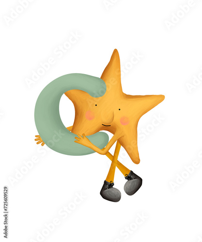 Bright cartoon alphabet. Cute and funny star with letter C. Illustration for kids on white background