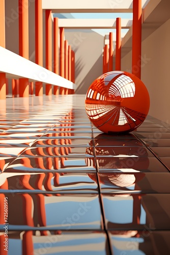 3d rendering of an abstract background with a red sphere in a corridor