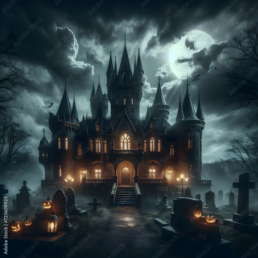 A haunted castle in a nigh sky resembling horror movies and abandonment, 4k