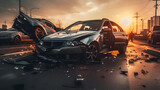 Accident car, Insurance, burned car in street, car accident on road, gray color car, car accident on white background, ai generated