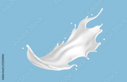 Milk splash isolated on blue background. Natural dairy product, yogurt or cream splash with flying drops. Realistic Vector illustration