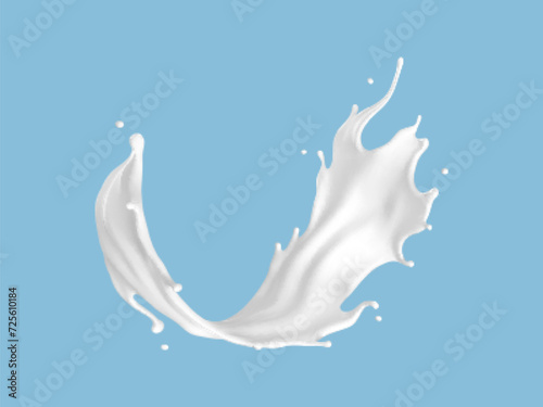Milk splash isolated on blue background. Natural dairy product, yogurt or cream splash with flying drops. Realistic Vector illustration