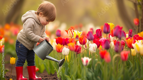 Child gardening in rubber boots. Spring concept.