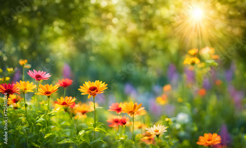 Sunny spring field: Vibrant flowers under the sun © karandaev