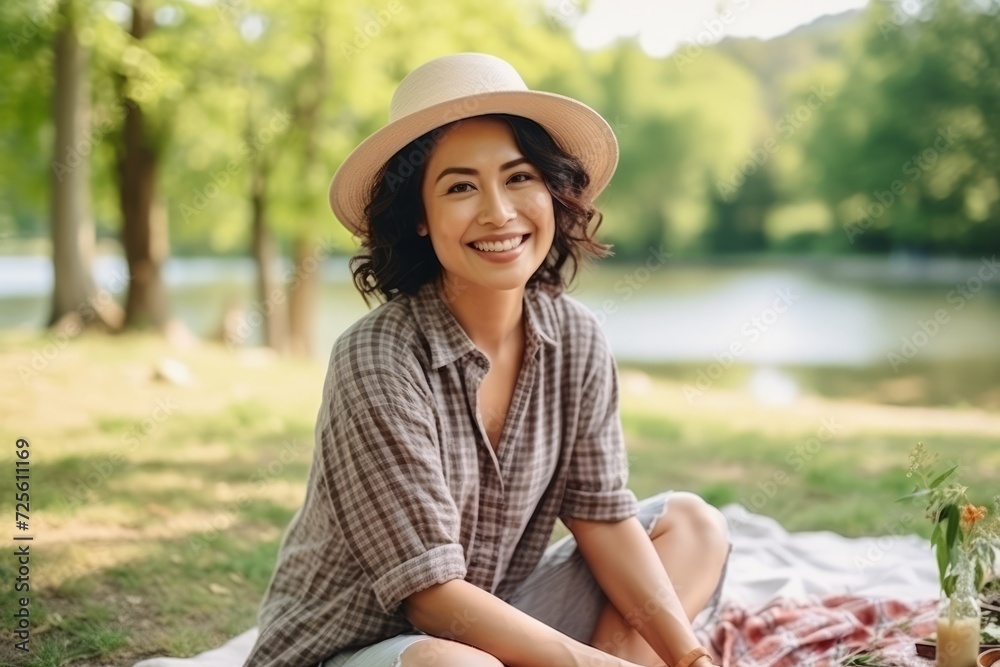 Beautiful young woman in hat sitting on blanket in park and smiling
