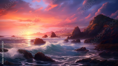 Beautiful seascape. Panoramic view of sunset over the sea