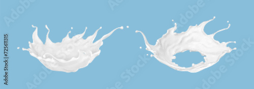 Milk splash isolated on blue background. Natural dairy product, yogurt or cream splash with flying drops. Realistic Vector illustration