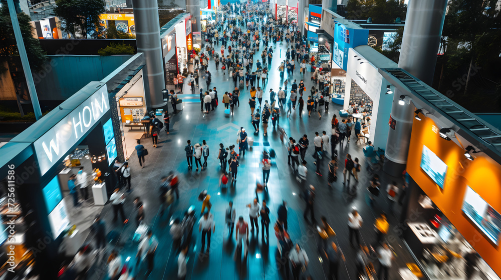 Obraz premium A bustling IT business convention unfolds in a vibrant image, with exhibitors showcasing cutting-edge technologies.