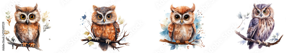 Fototapeta premium A cute paster color watercolor owl isolated on transparent background generative Ai