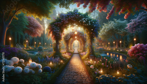 majestic garden at twilight, with a pathway through an archway of blooming flowers and greenery, illuminated by lanterns and a distant fountain. Mood: enchanting, tranquil. Generative AI.