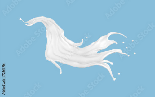 Milk splash isolated on blue background. Natural dairy product, yogurt or cream splash with flying drops. Realistic Vector illustration