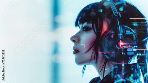 Cyberpunk girl character with futuristic helmet and neon lights, listening to music