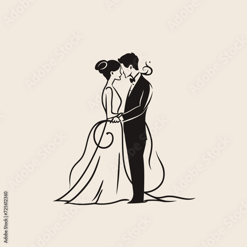 vector one line art bride and groom wedding couple isolated background